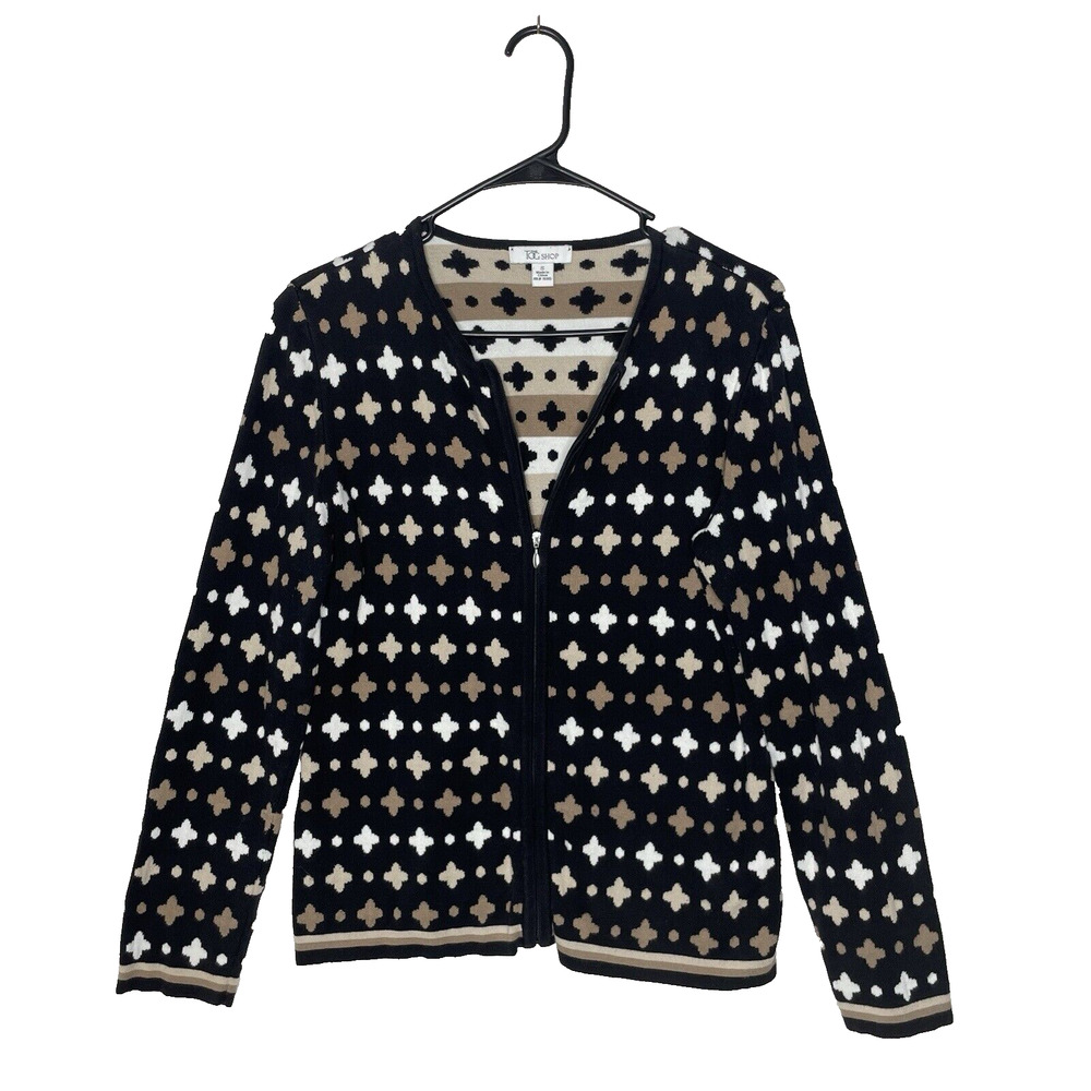 Womens Full Zip Sweater Geometric Print Funky Y2K 2000s Indie Brown Black Knit S